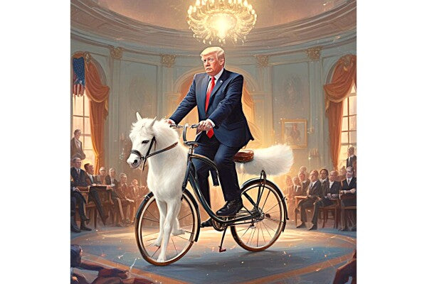 TRUMP RIDES HORSEY BIKE IN OVAL OFFICE -- ONE -- Poster/Wall Art